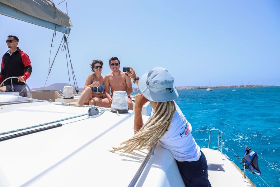 Corralejo: Adults-Only Catamaran Day Trip to Lobos Island - Paella, fruit brochette, and a glass of Cava