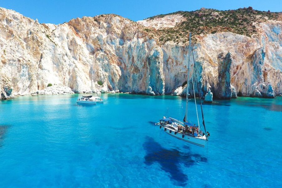 From Adamas: Milos and Poliegos Catamaran Cruise with Lunch - Poliegos and the clear water of Galazia Nera