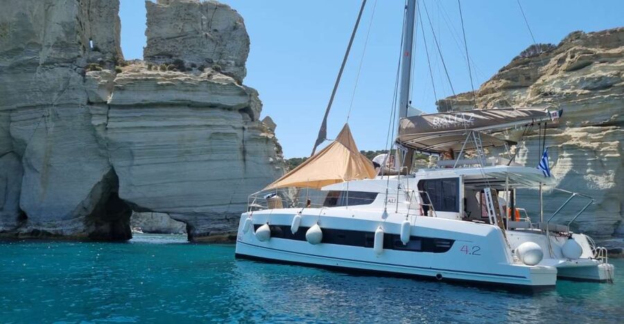 Milos: Full-Day Catamaran Cruise with Food and Open Bar - A long day at sea, with Milos in full view