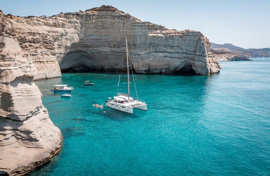 Milos: Full Day Luxury Catamaran with Full Meal & Open Bar - Sarakiniko and the pale northern coast