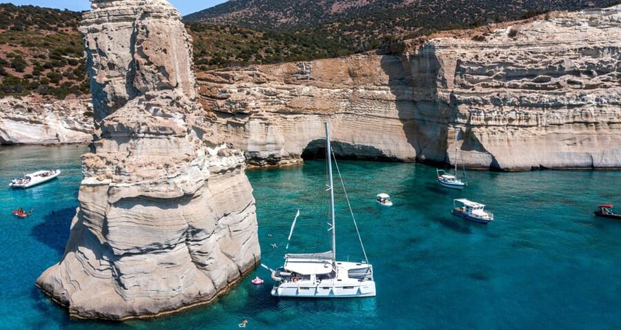 Milos: Kleftiko Sunset Catamaran Cruise with Meal & Drinks - Sykia Cave and its unusual skylight