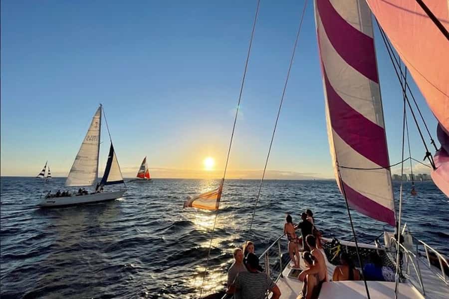 Oahu: Waikiki Sunset Catamaran Sail and Swim - Meeting the Pink Sails boat at Waikiki