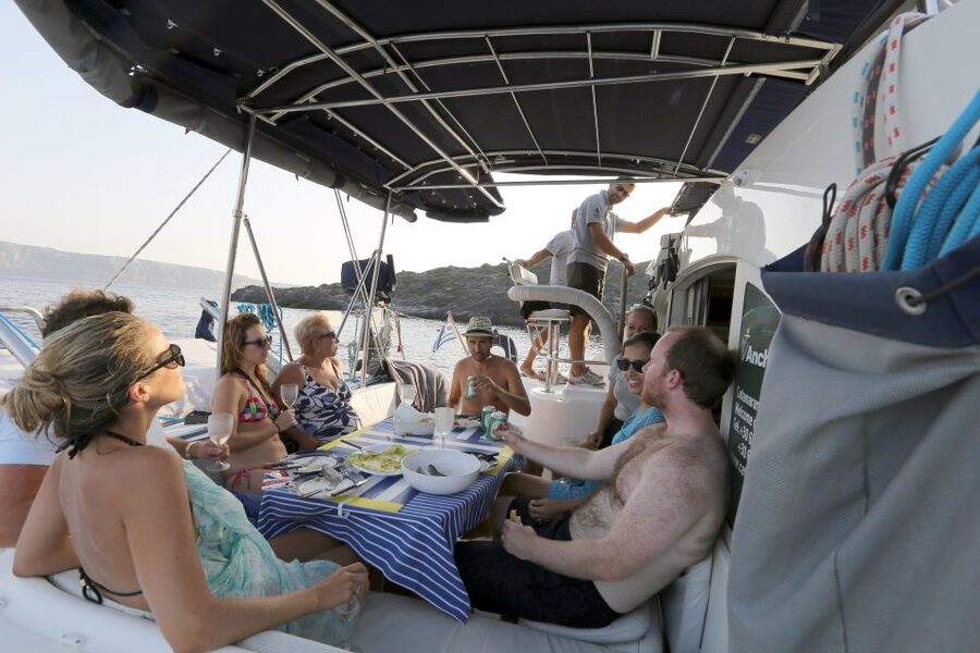 Santorini: 7-Hour Private Catamaran Cruise with Food & Drink - The volcano and hot springs section