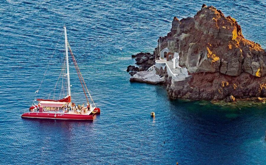 Santorini: Cruise Catamaran with BBQ & Drinks Day or Sunset - Seeing Santorini from the caldera