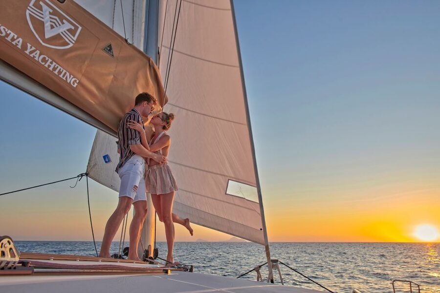 Santorini: Platinum Catamaran Cruise w/ BBQ Meal & Open Bar - Pickup from Fira and the drive to Vlychada