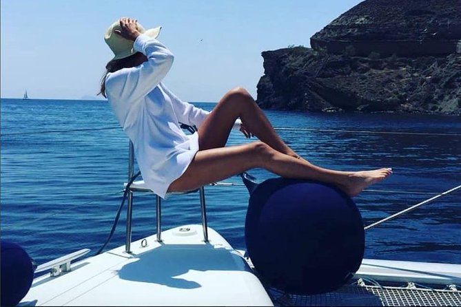 Santorini Platinum Catamaran Cruise with Meal, BBQ and Open Bar - Mesa Pigadia is the first real swim stop