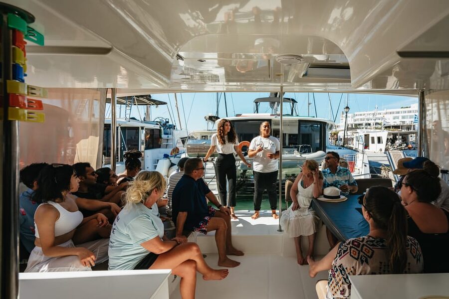 Santorini: Sailing Catamaran Cruise with BBQ and Drinks - Swimming near Palea Kameni and the volcano